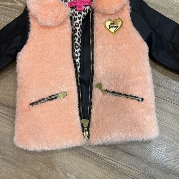 Betsey Johnson Fuzzy Sparkly Peach Coat with Faux Leather Sleeves - Picture 3 of 15